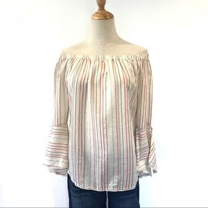 Solitaire Beige Striped Off the Shoulder Top Trumpet Sleeves Medium Cotton